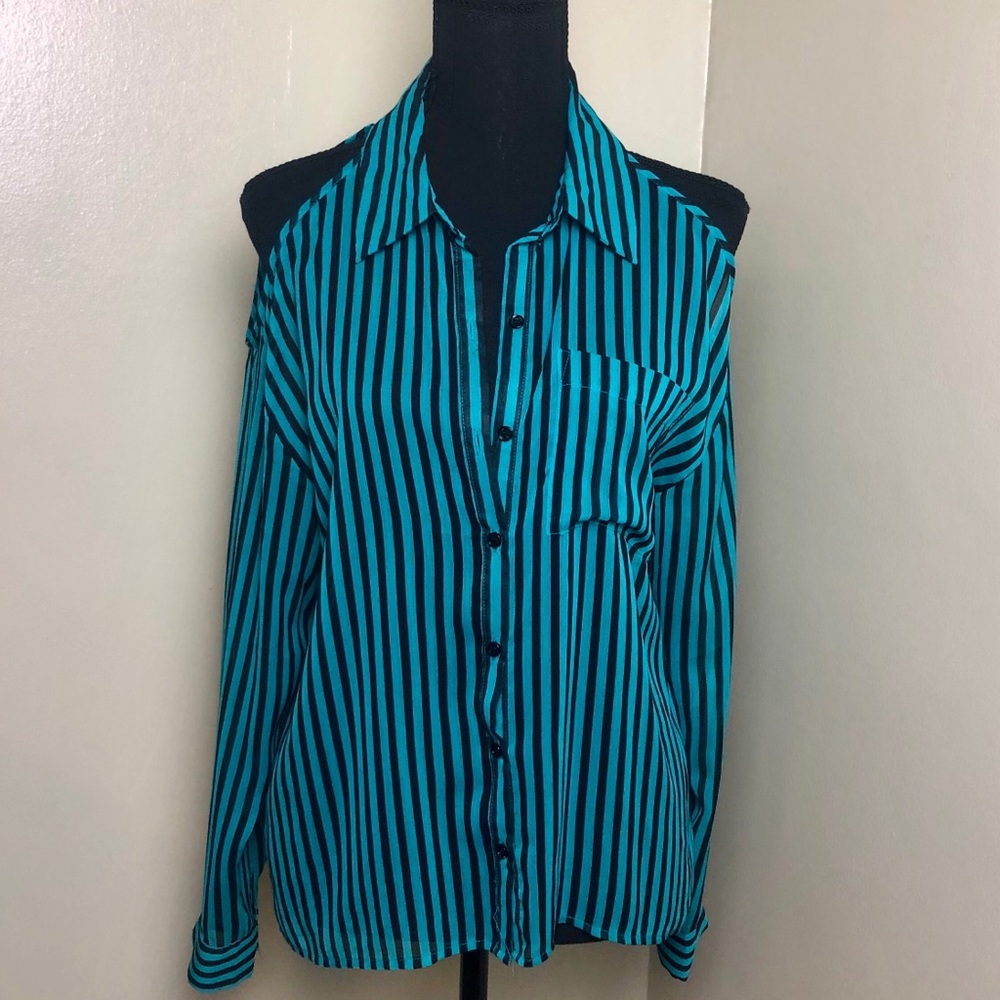 Cold shoulder button up striped collared blouse